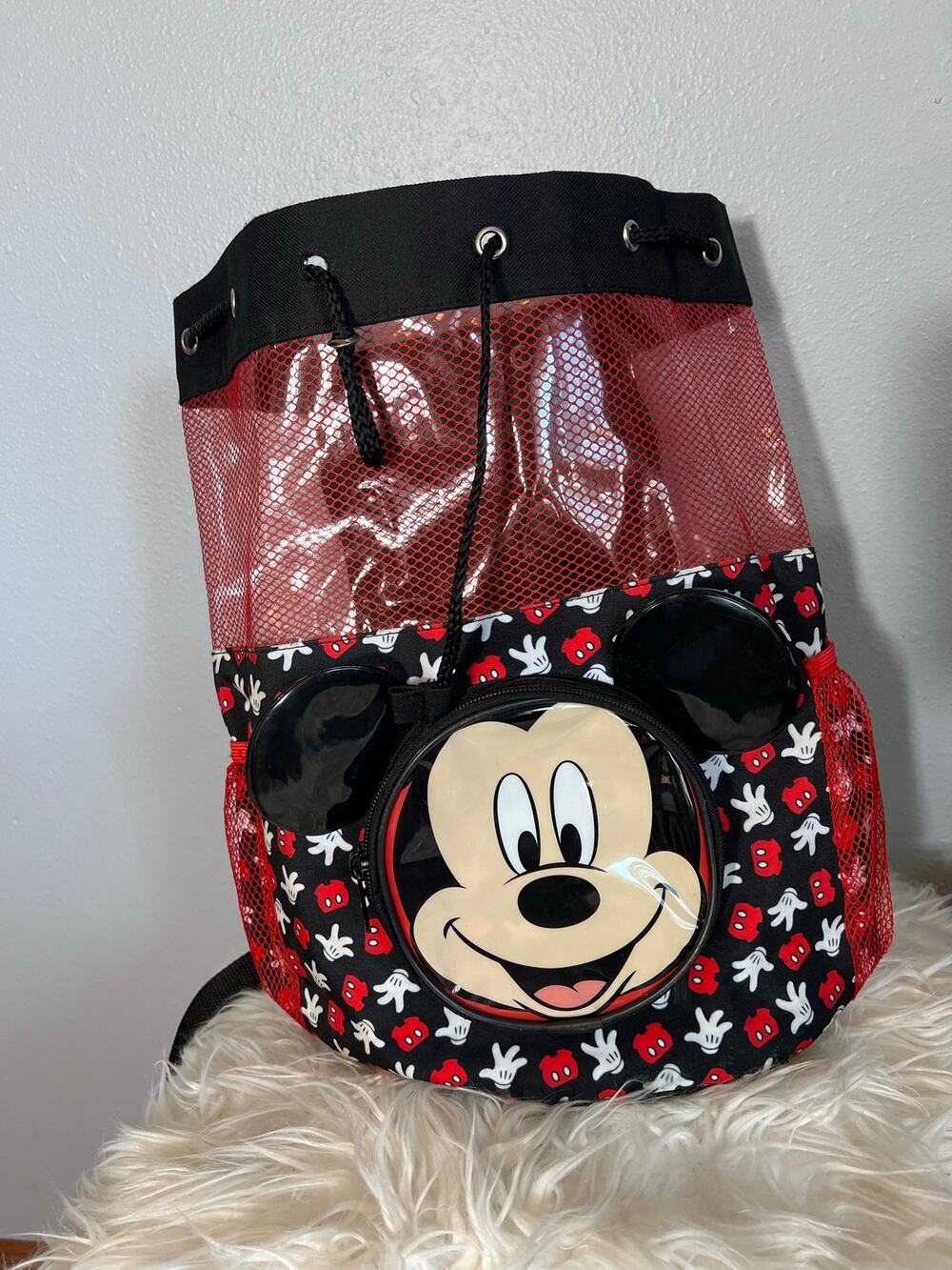 Mickey Mouse Disney Beach Mesh Bag Backpack Black Red Drawstring Ears Zipper